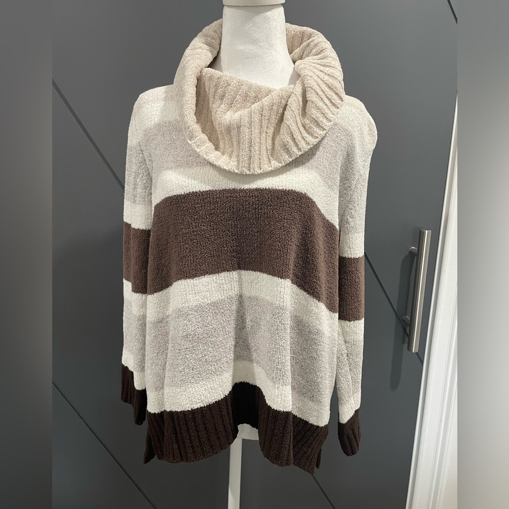 Style & Co. Cream and Brown Striped Cowl Neck Sweater